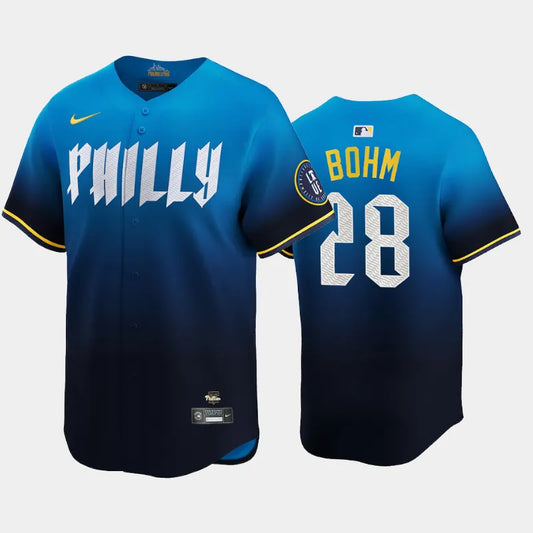 Men Alec Bohm Philadelphia Phillies City Connect Jersey 2024 Blue Limited Player